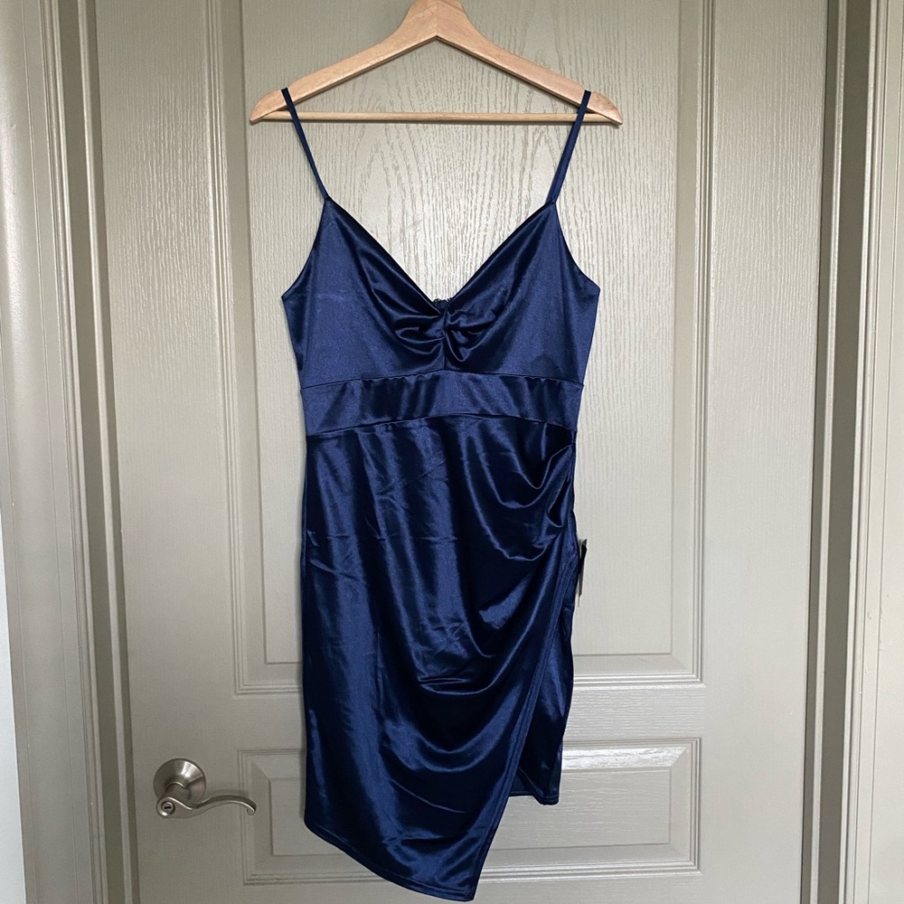 Lulu's Navy Blue Satin Twist-Front Mini Dress, never been worn!